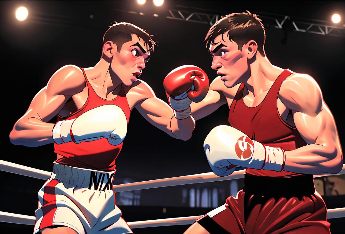 Boxing Day theatre: A boxer with gloves in the ring, intense expression, vintage boxing attire, crowded stadium..