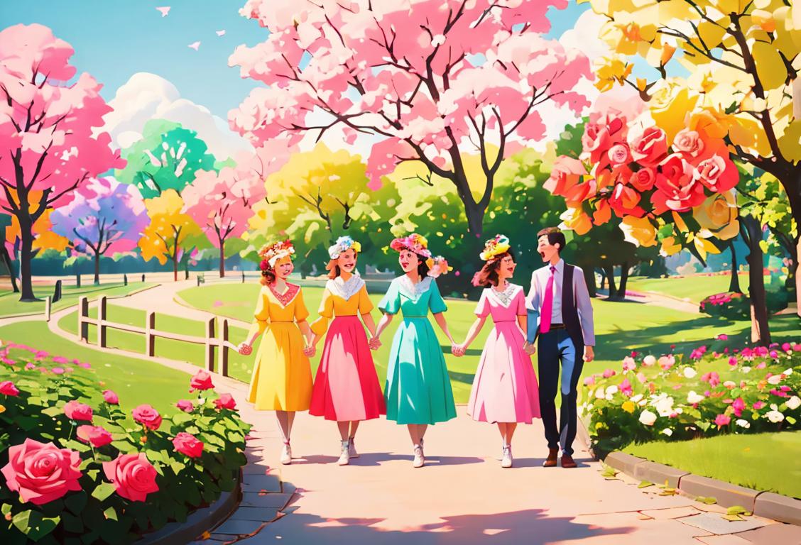 Group of diverse people joyfully holding hands, dressed in vibrant colors, surrounded by a picturesque park scenery..