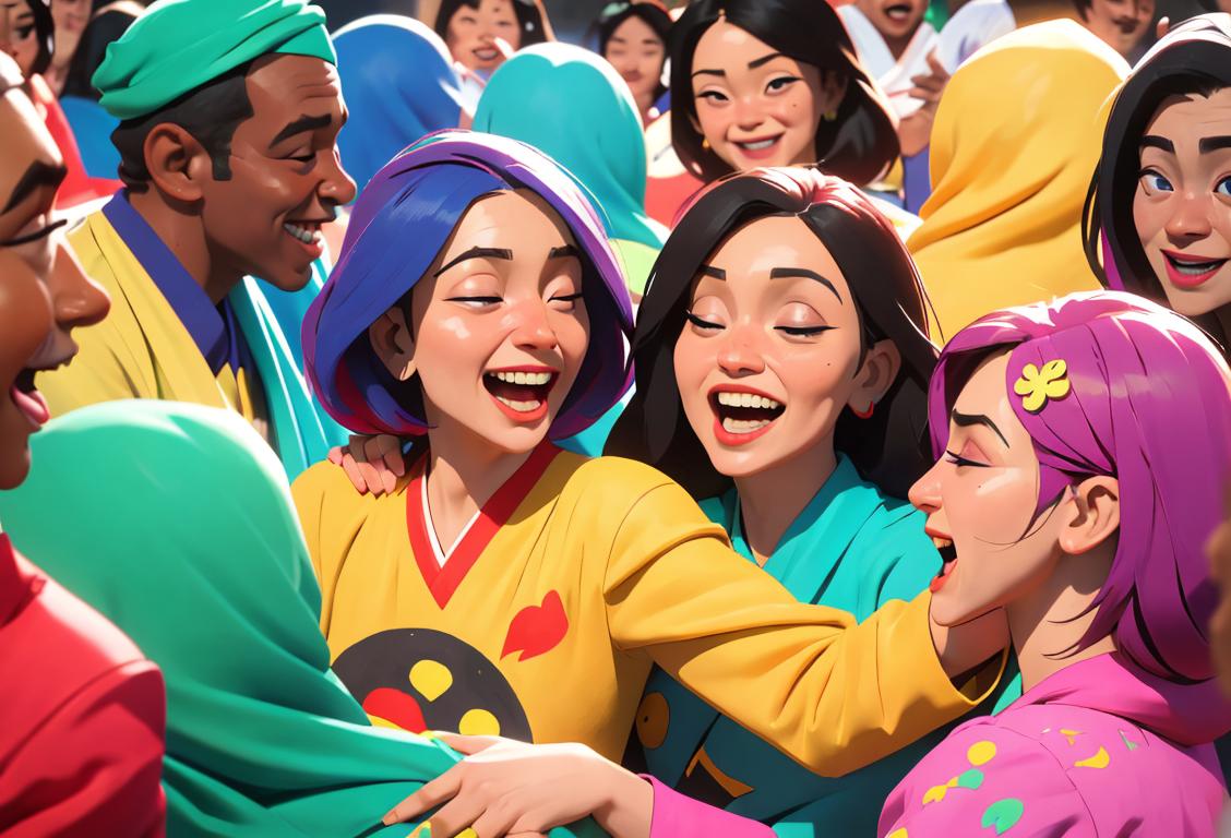 A diverse group of people from different cultures and backgrounds laughing and celebrating, wearing colorful clothing and surrounded by symbols of unity and friendship..