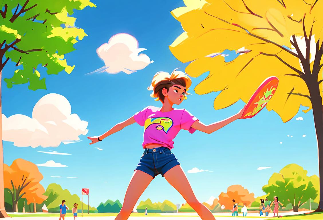 Young adult playing frisbee in a park, wearing a colorful t-shirt, 80s style fashion, sunny outdoor setting..