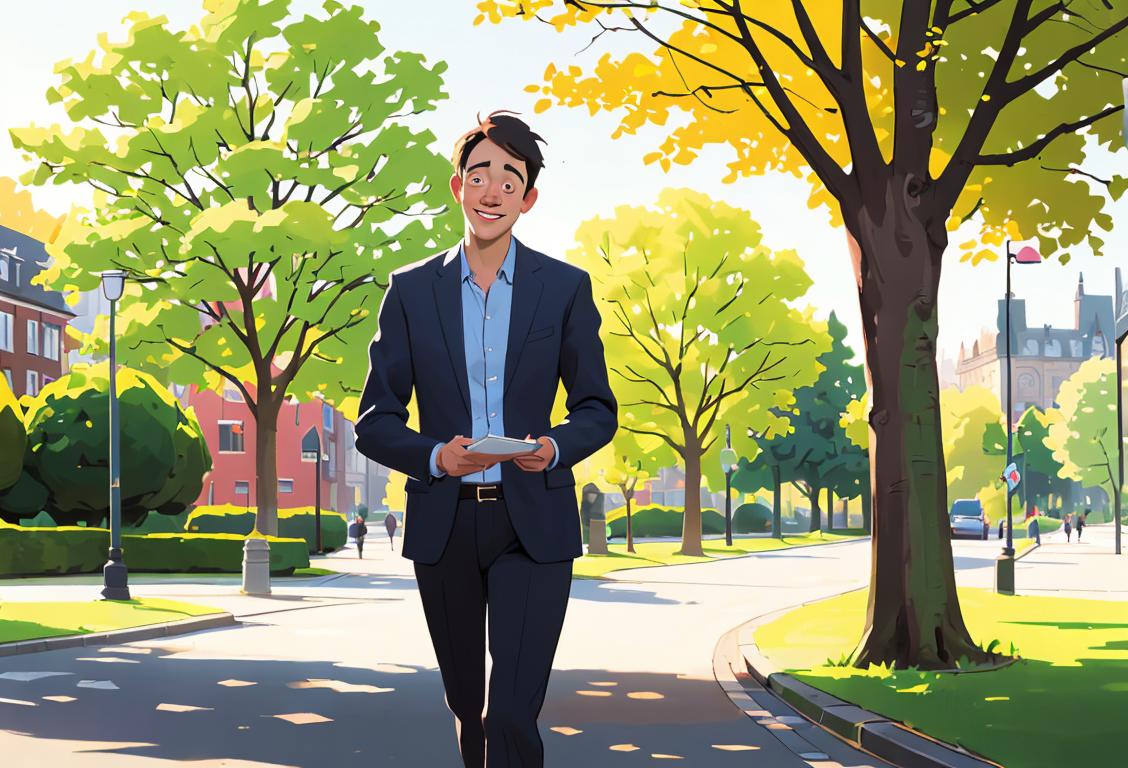 A cheerful individual leaving their office early, wearing smart casual attire, with a serene park scene in the background..