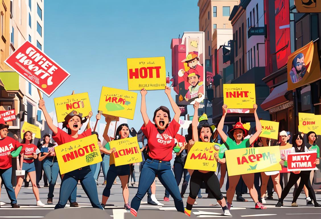 Group of diverse workers wearing colorful t-shirts, holding signs, and cheering in a bustling city street, empowering unity and expression..