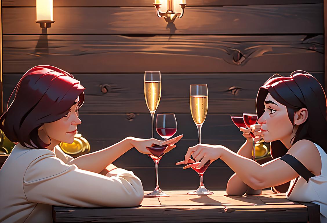 Group of wine glasses of various shapes and sizes, against a rustic wooden backdrop, with people in elegant attire savoring and discussing the taste of the wines..