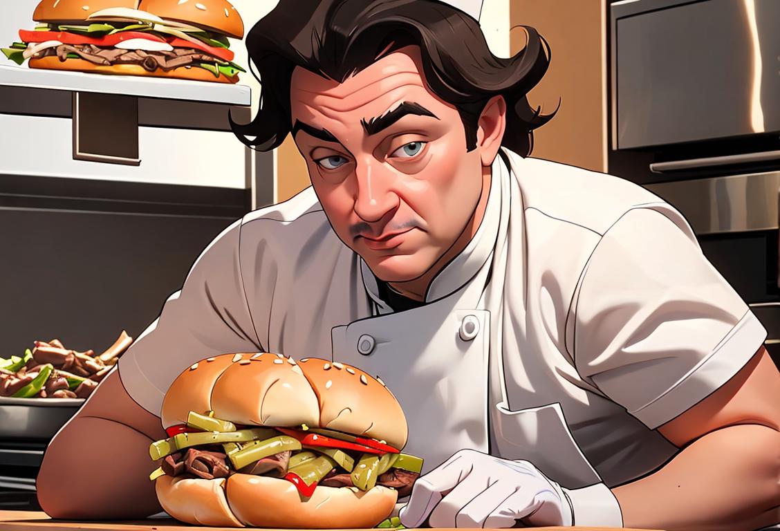 A person enjoying a delicious Italian beef sandwich, wearing a chef hat, classic Italian kitchen backdrop..