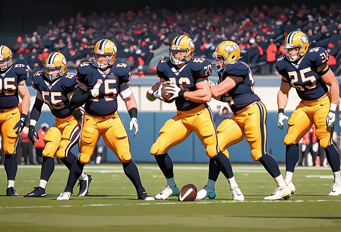 A group of football players in uniform with focused expressions, celebrating a successful long snap, wearing team colors, stadium setting..