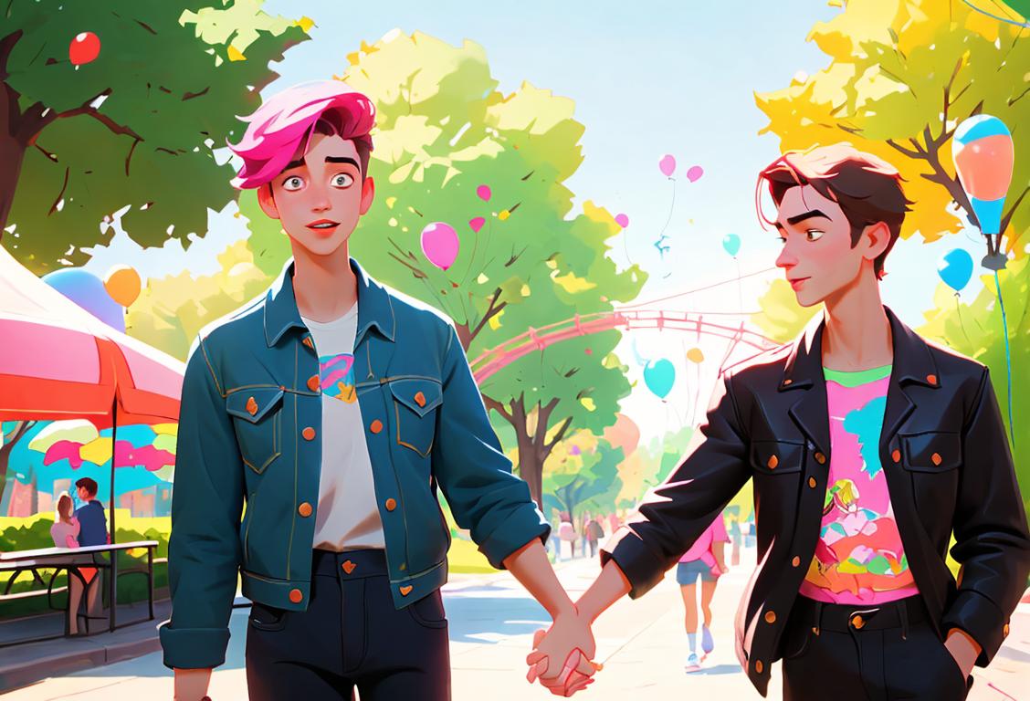 Two boyfriends holding hands, dressed in trendy fashion, enjoying a sunny park date with colorful balloons in the background..