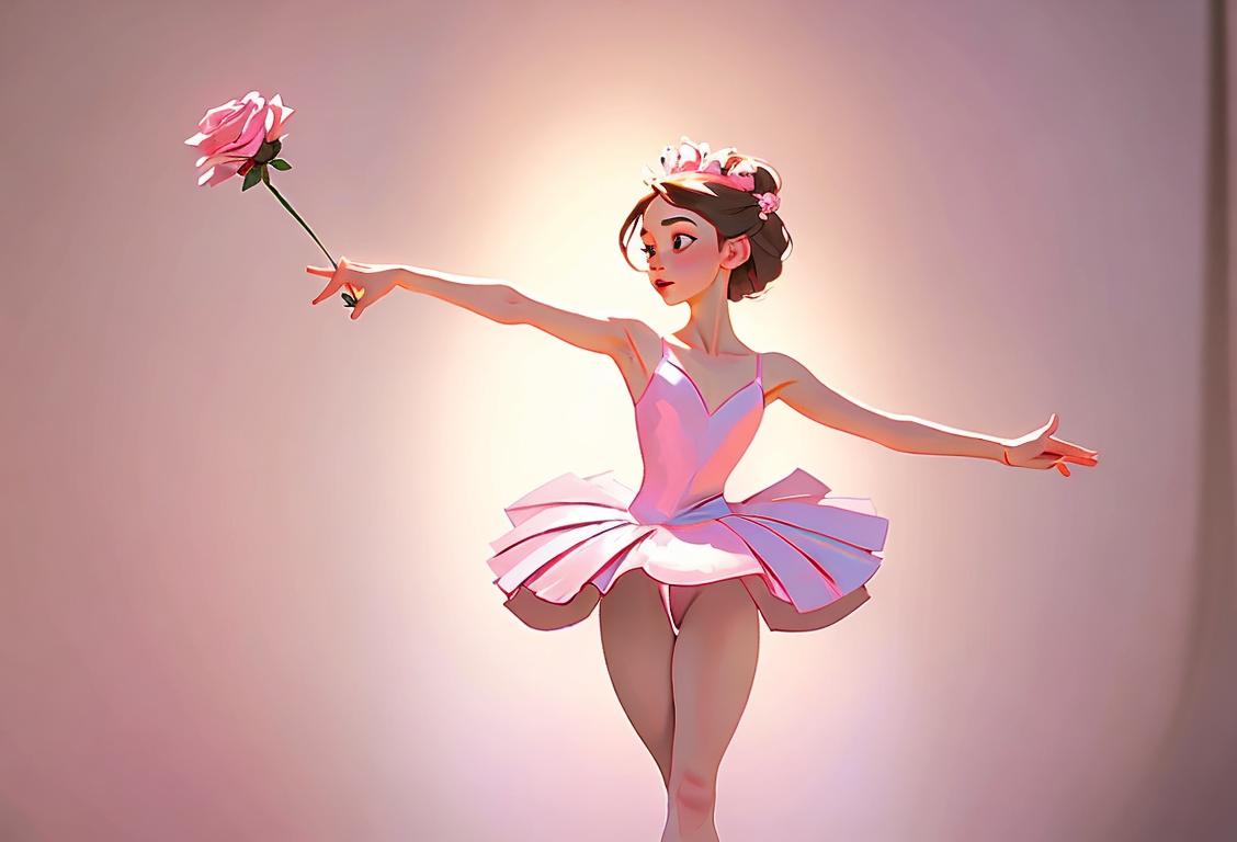 Ballerina gracefully twirling amid a backdrop of pastel colors, wearing a flowing tutu, surrounded by roses..