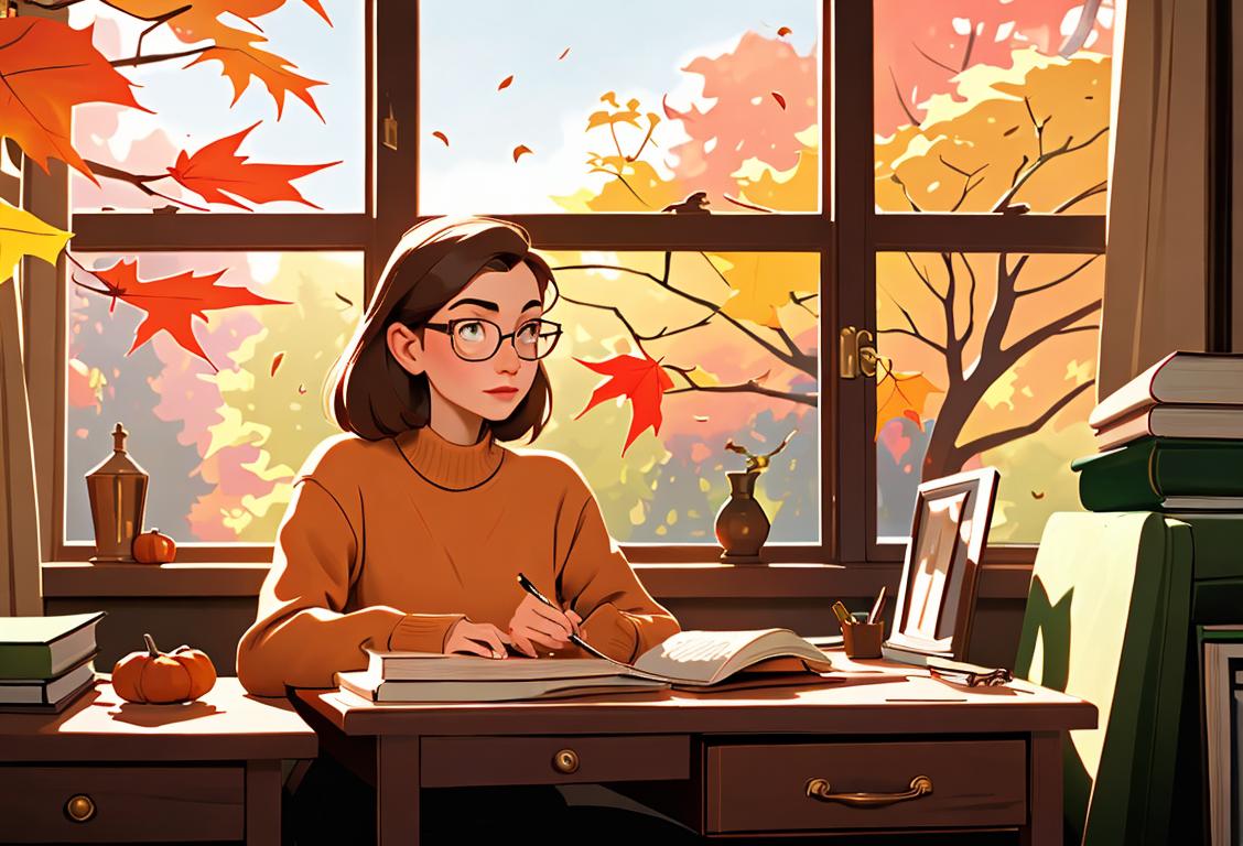 Young woman with glasses, sitting at a desk surrounded by books, wearing a cozy sweater, autumn scene with colorful leaves outside the window..