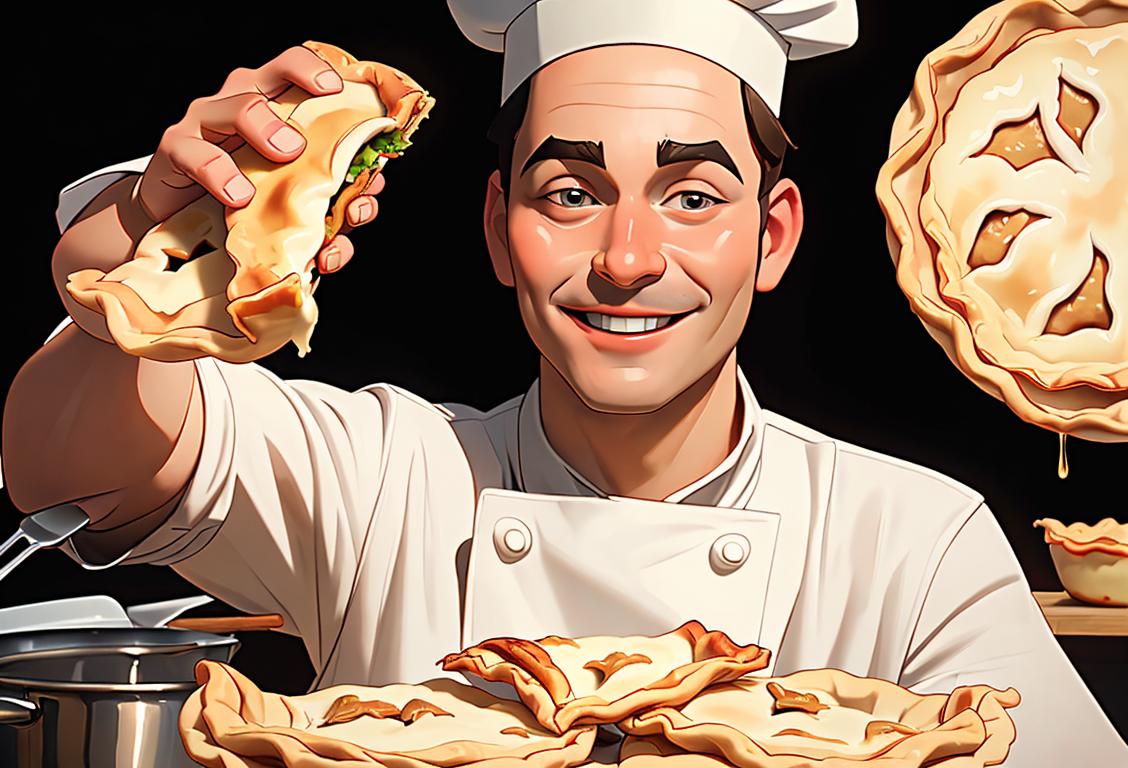 A smiling chef holding a golden fried pie, wearing a classic chef's hat, kitchen setting with baking utensils and a pie display..