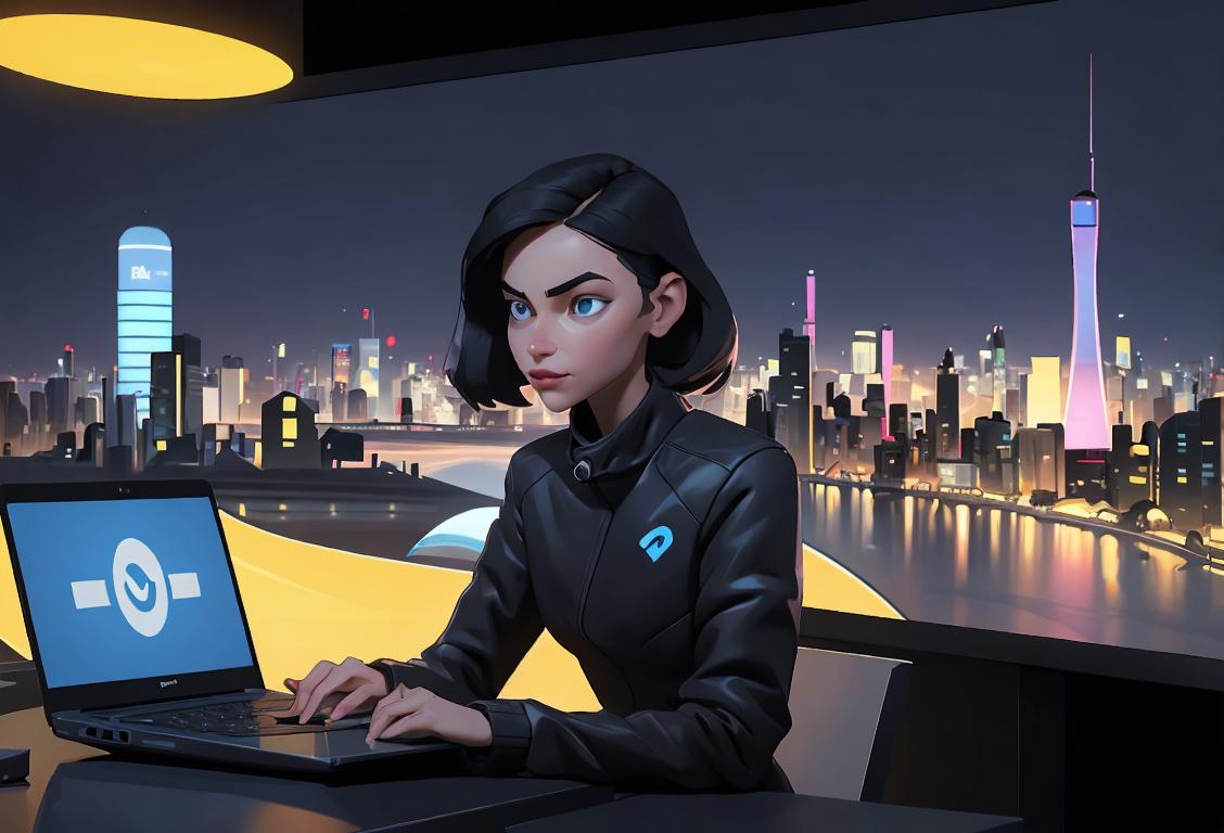 A person using a laptop with a virtual lock symbol, surrounded by a futuristic cityscape, wearing casual tech-inspired fashion..