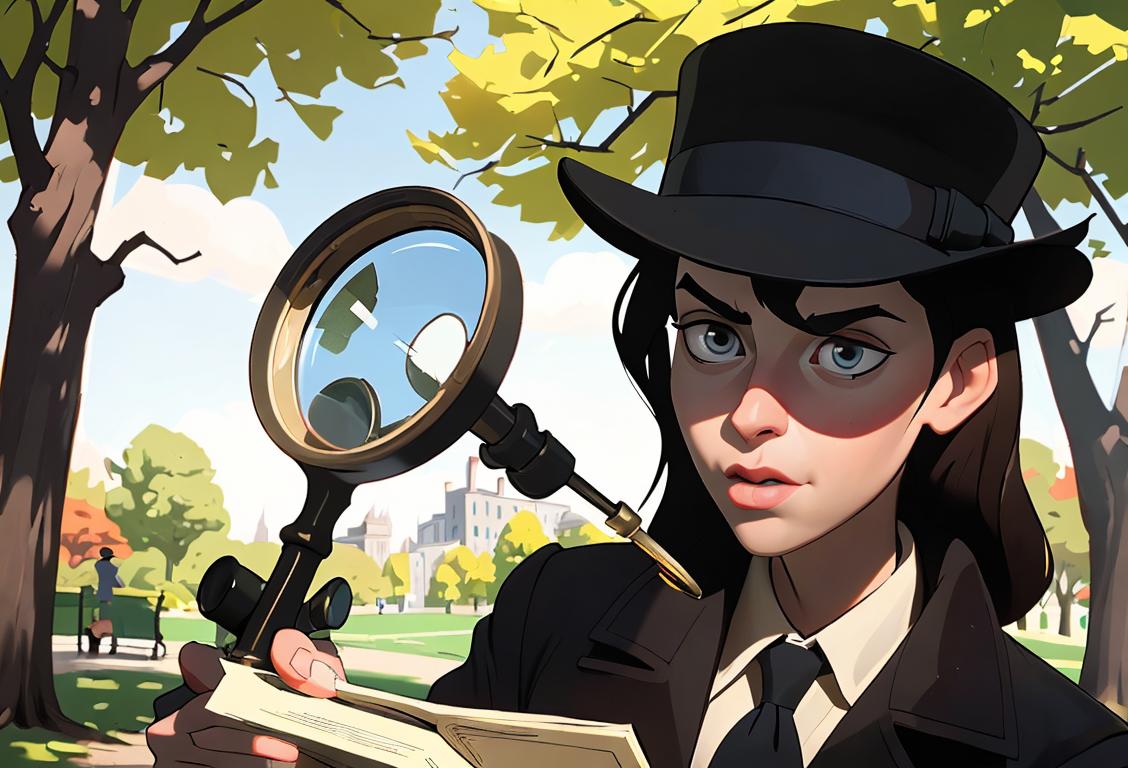 Young adult holding a magnifying glass, wearing detective hat, searching for clues in a park..
