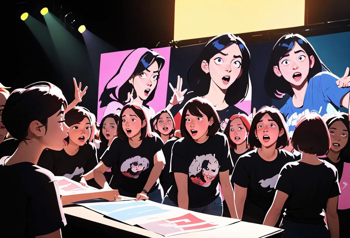 A group of diverse and excited fangirls wearing band t-shirts, holding posters while standing in front of a stage set up for a concert..