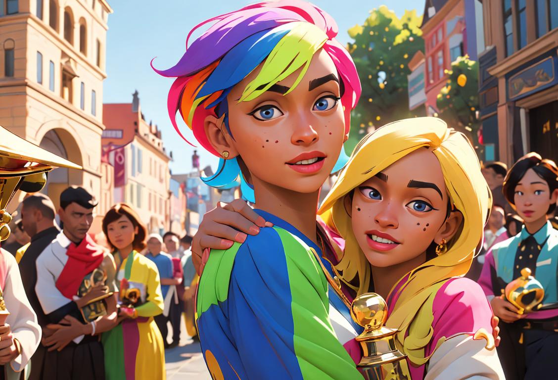 A diverse group of people, wearing colorful attire, holding trophies and embracing each other in a vibrant city square..