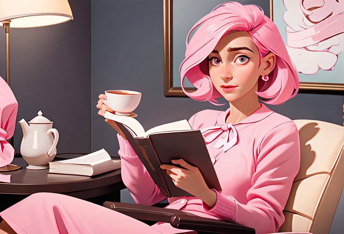 Young woman wearing a pink ribbon, sitting in a cozy clinic waiting room, reading a book with a cup of tea beside..