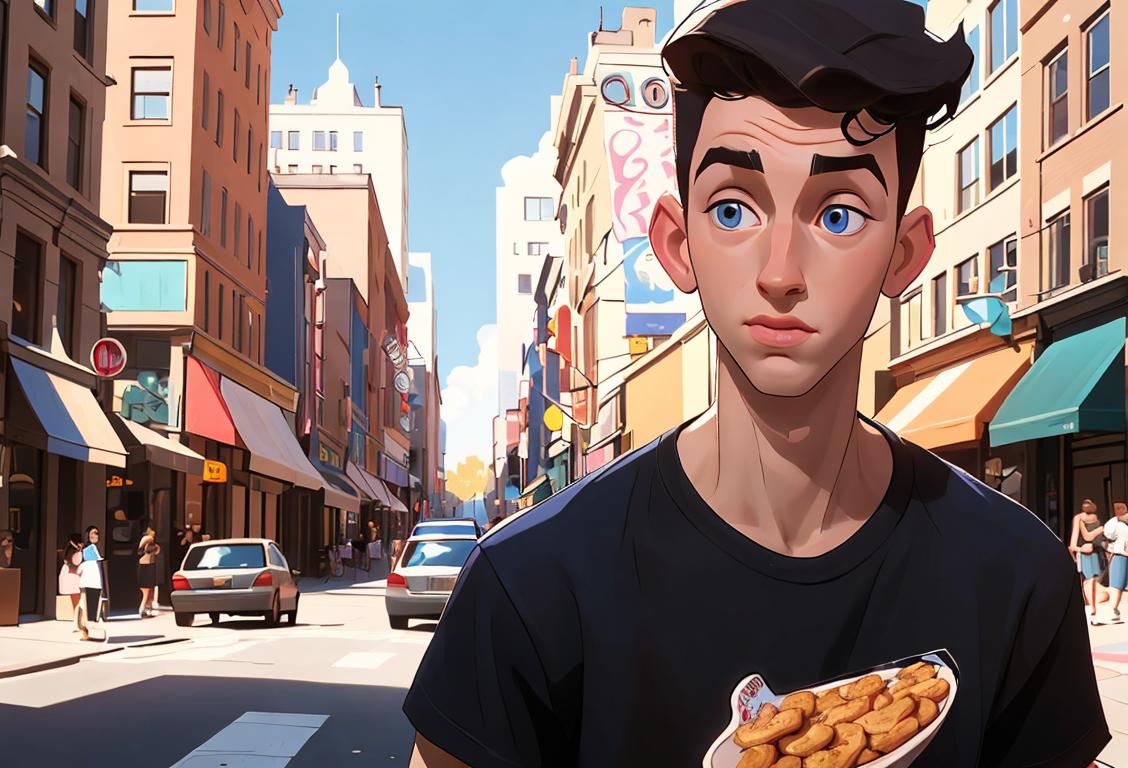 Young man named Jacob celebrating National jacobbix Day, wearing a cool graphic t-shirt, trendy urban fashion, bustling city street scene..