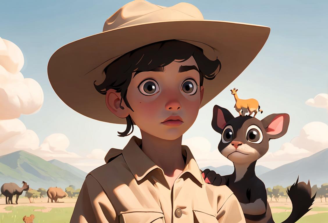 Young child being surrounded by various national animals, wearing a safari hat, adventurous nature background..