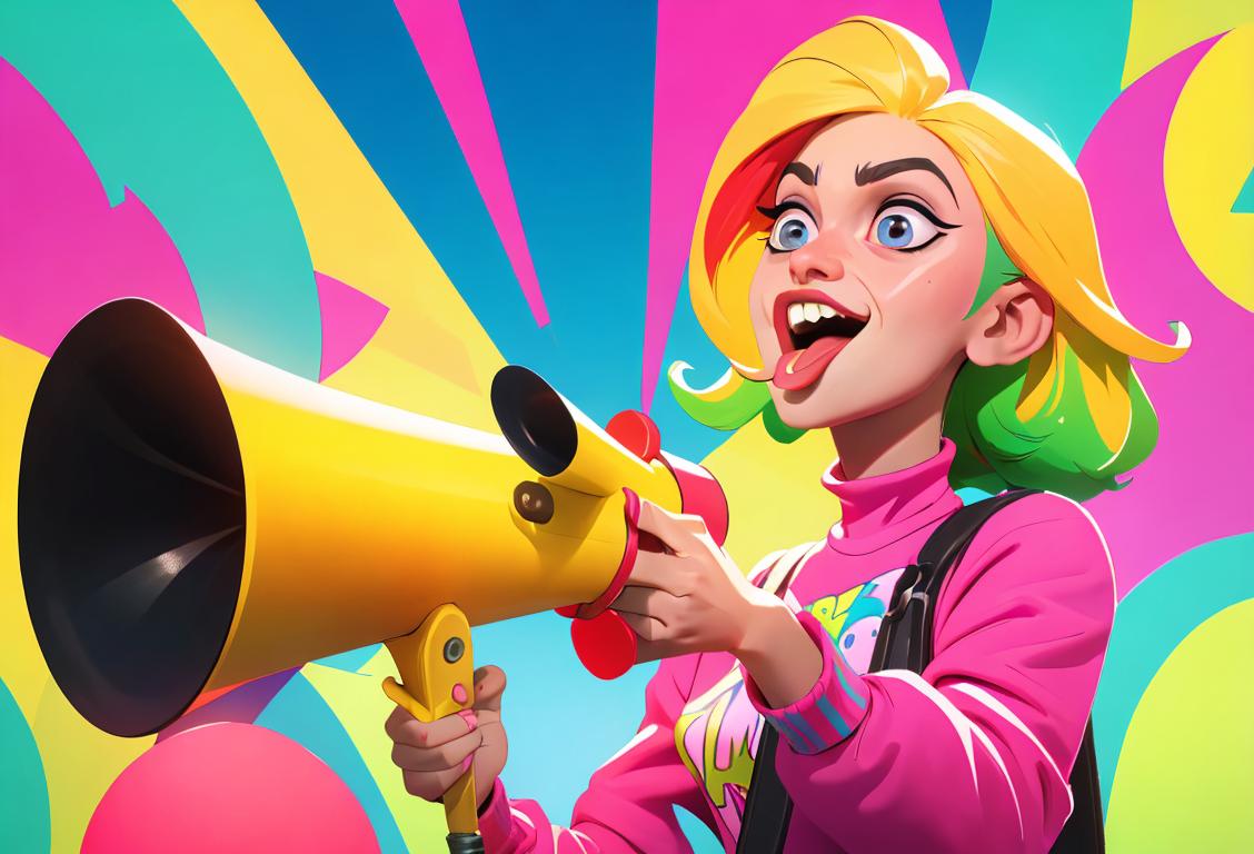 Young person making a silly face while holding a megaphone, wearing a fun and vibrant outfit, surrounded by colorful confetti..