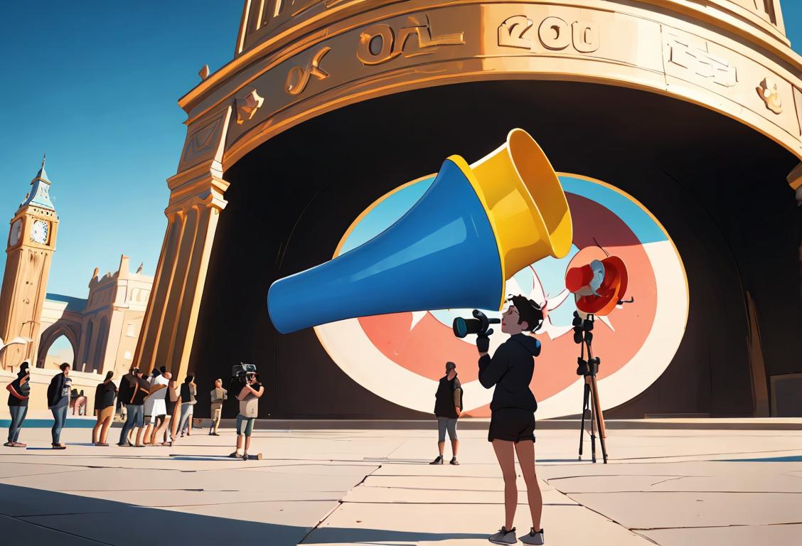 A diverse group of people, each holding a megaphone, standing in front of various iconic landmarks around the world..