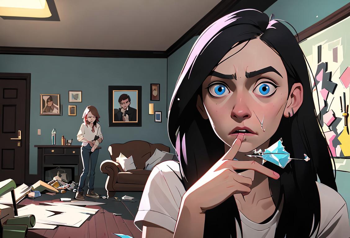 Young woman holding a broken glass pipe, wearing a concerned expression, suburban neighborhood setting, clean and tidy home interior..