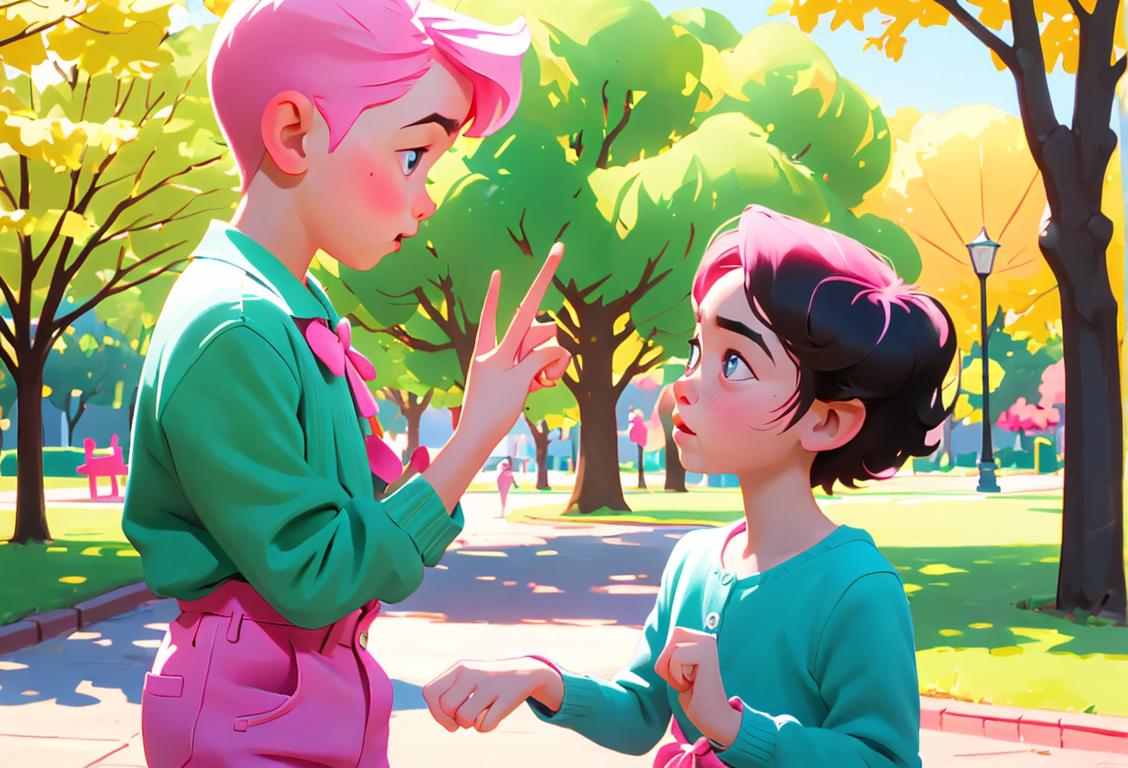 Two children, one boy and one girl, wearing brightly colored clothing, standing in a sunny park, pinky swearing..