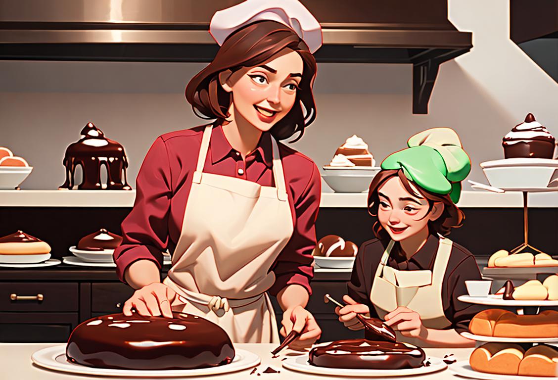 A festive scene with a beautifully glazed chocolate cake surrounded by cheerful bakers wearing aprons and chef hats..