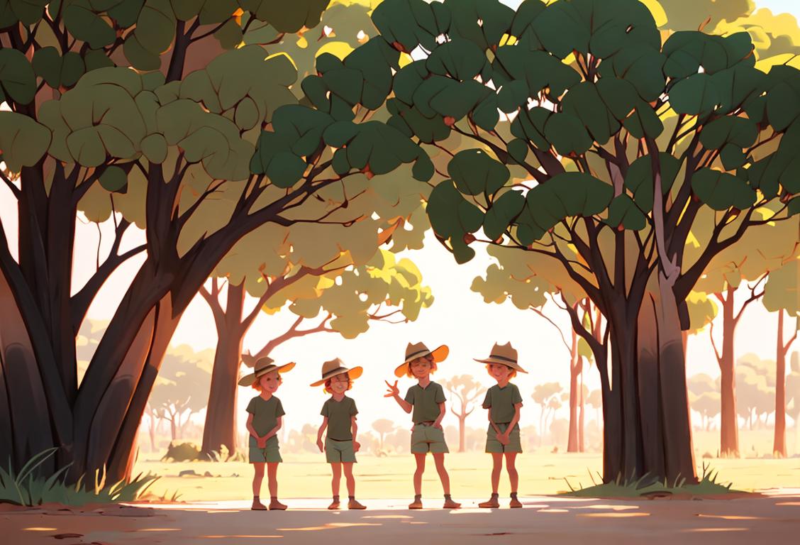 Joyful children standing in a lush Australian outback, wearing safari hats and shorts, surrounded by kangaroos in a serene natural setting..