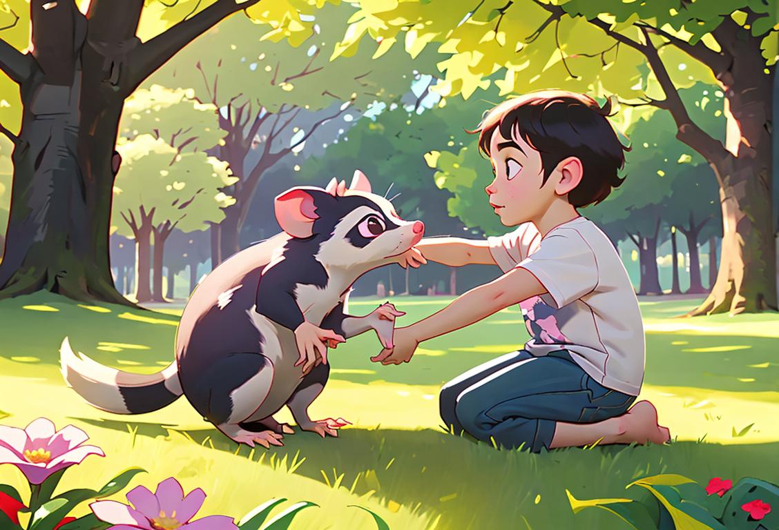 Young child holding a plush opossum toy, wearing a nature-themed t-shirt, outdoor park scene with trees and flowers..