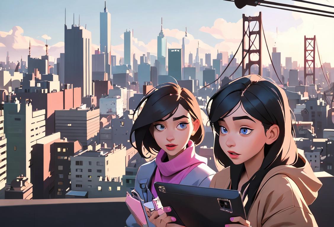 Young people making magic happen with their devices, showcasing creativity and fun. Modern cityscape backdrop, trendy fashion, and a hint of excitement in the air!.
