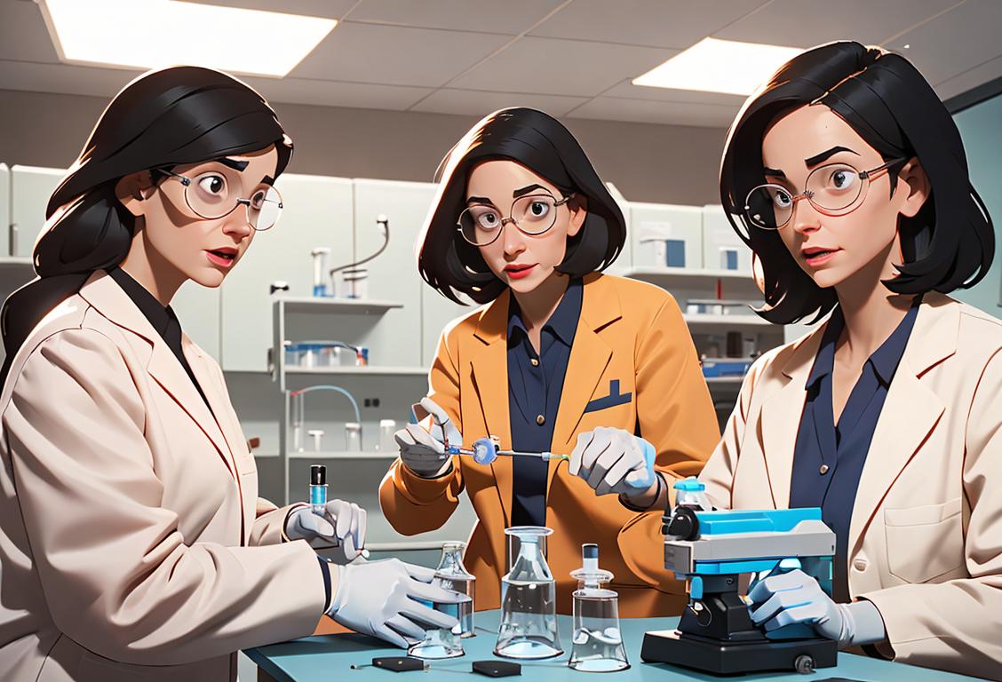 A group of diverse women scientists wearing lab coats, conducting experiments in a modern and well-equipped laboratory..