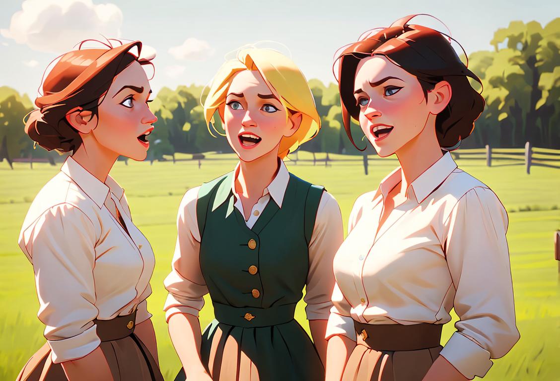 Three energetic women dressed in country attire, harmonizing together with passion in a vibrant outdoor setting..