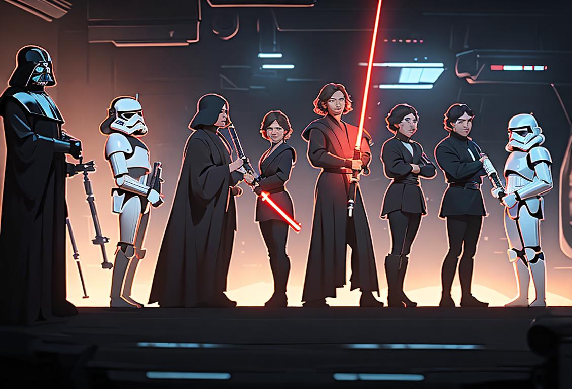 A group of people in Star Wars-themed costumes, posing with lightsabers, in front of a sci-fi cityscape backdrop..