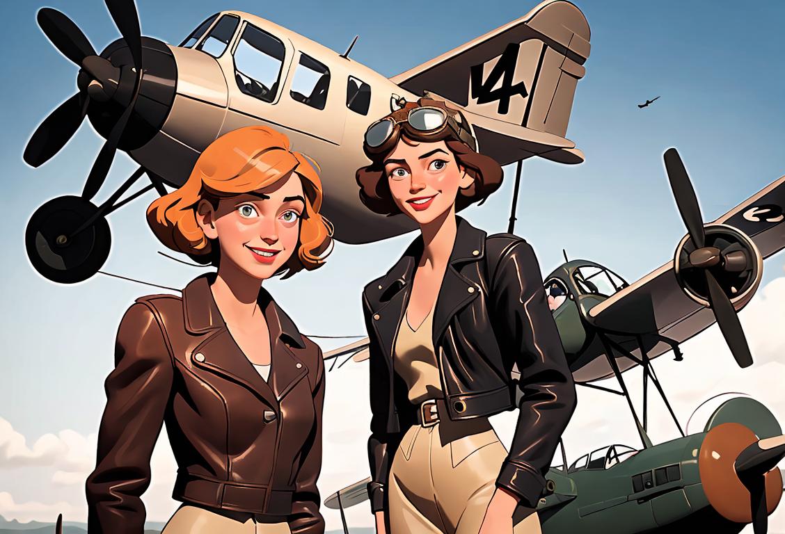 A vintage-inspired aviator standing next to a propeller plane, wearing a leather jacket, goggles and a broad smile..
