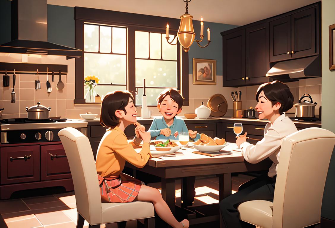 Family gathered around a beautifully set dining table, enjoying a homemade meal, cozy kitchen setting, warm smiles and laughter..