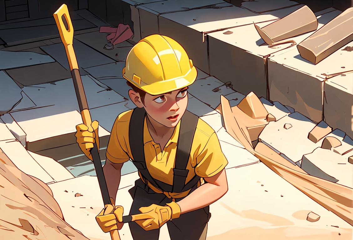 Young person holding a shovel, wearing a bright safety vest, surrounded by a construction site, bursting with curiosity..