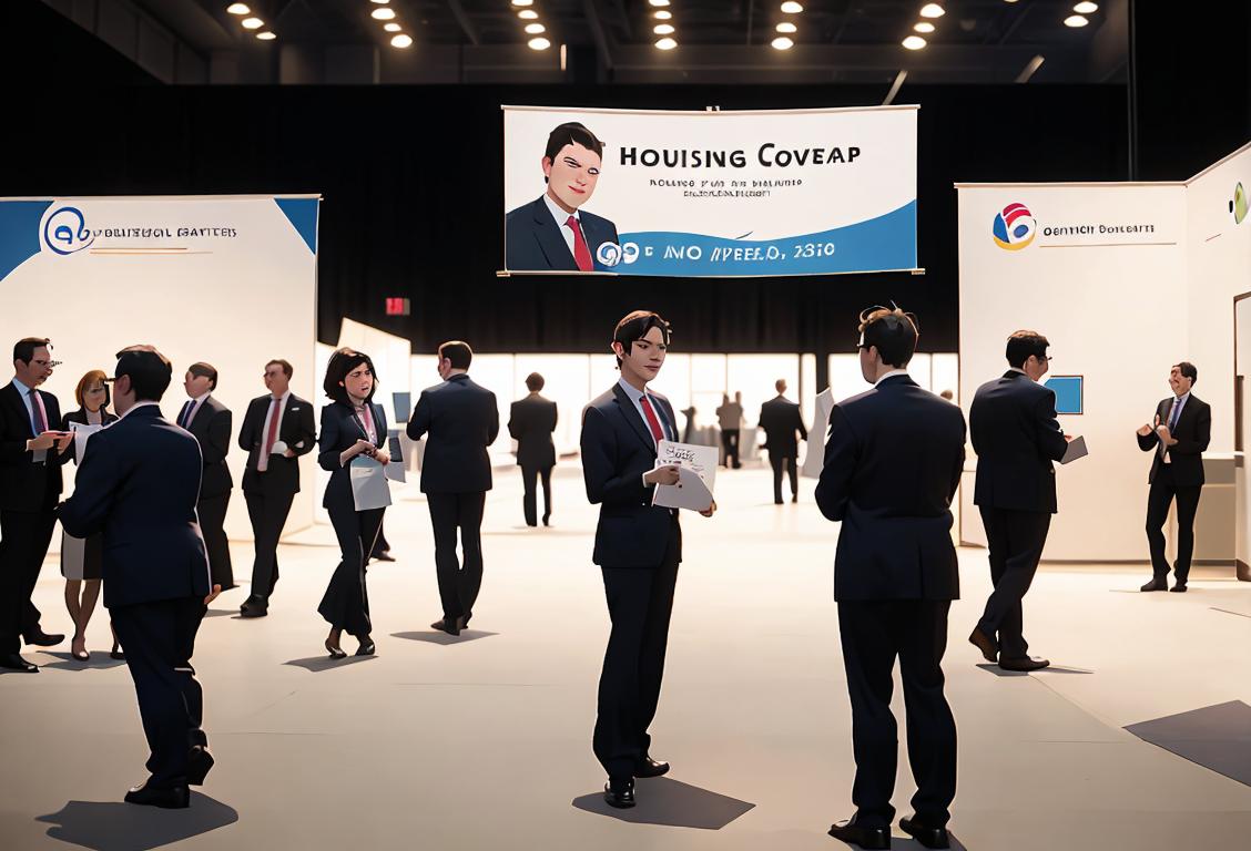 Young adults in business suits, holding name tags, networking at a convention center with banners and booths..
