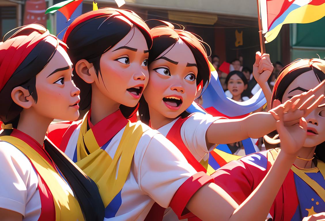 A joyful Filipino family wearing traditional clothing, surrounded by Philippine flags, in a vibrant street parade celebrating National Bonifacio Day..
