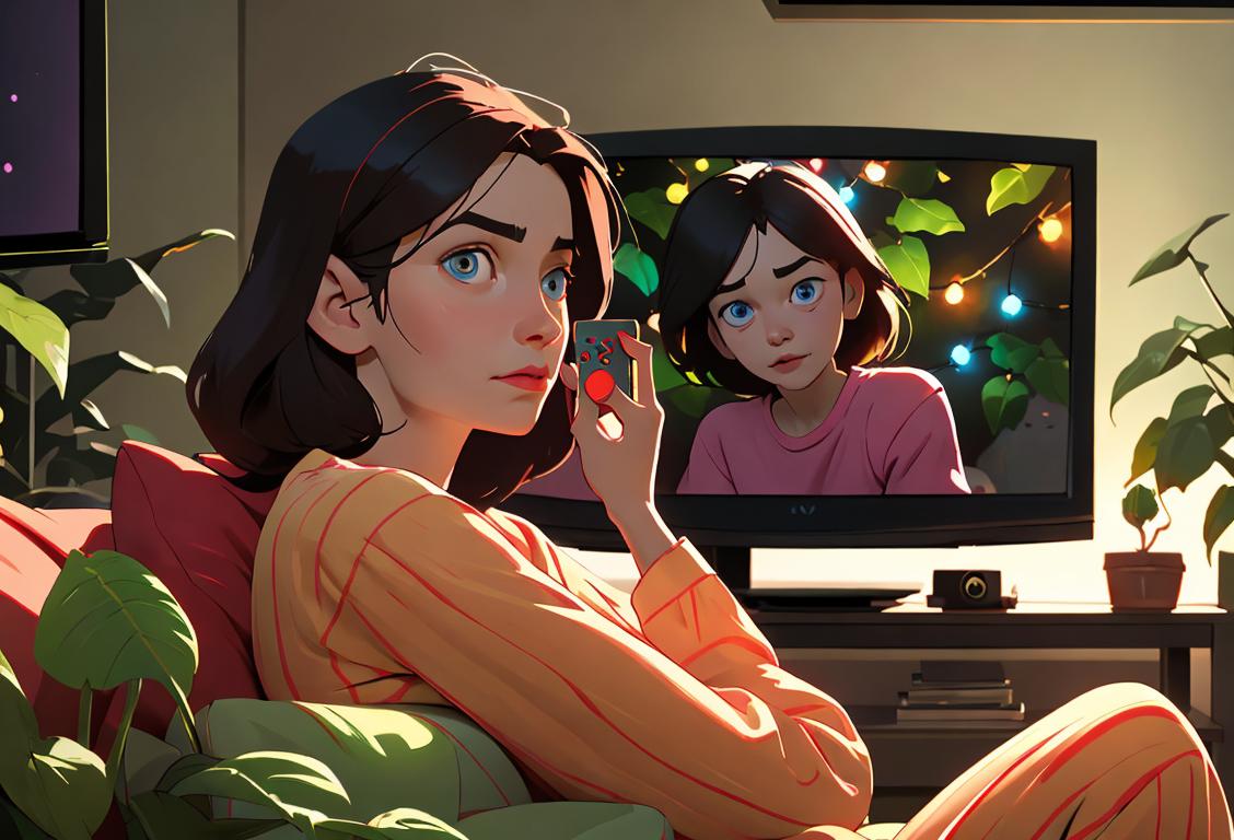 Person in cozy pajamas holding a remote, looking determinedly at the TV screen framed by fairy lights and plants..