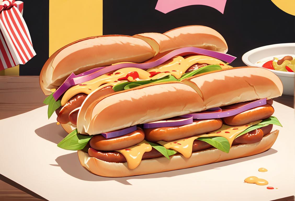 A cheerful person with a hot dog sandwich, wearing a classic apron, in a bustling street food scene..