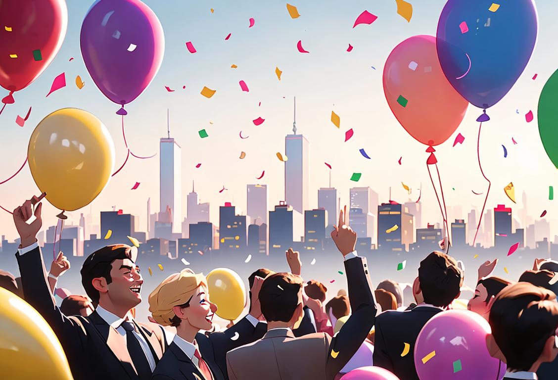 A diverse group of people in business attire celebrating with balloons, confetti, and money flying in the air, with a bustling city skyline in the background..