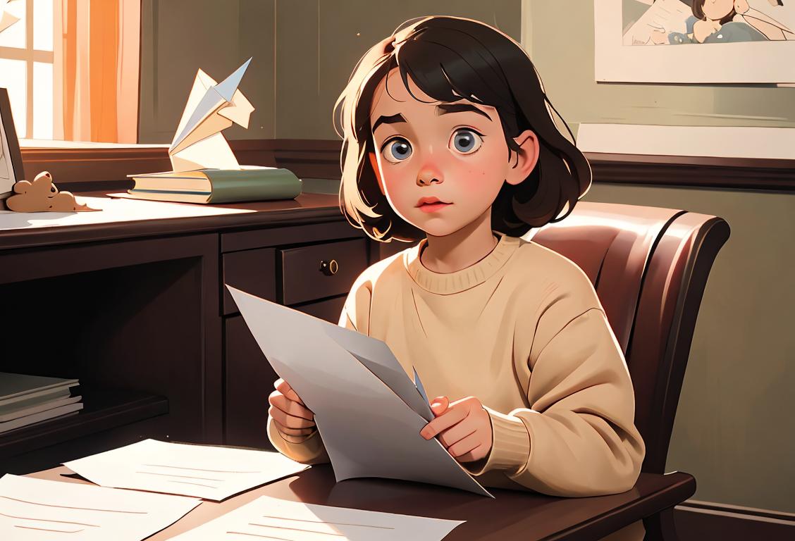 A young child holding a paper airplane, wearing a cozy sweater, surrounded by a vintage-inspired study room..