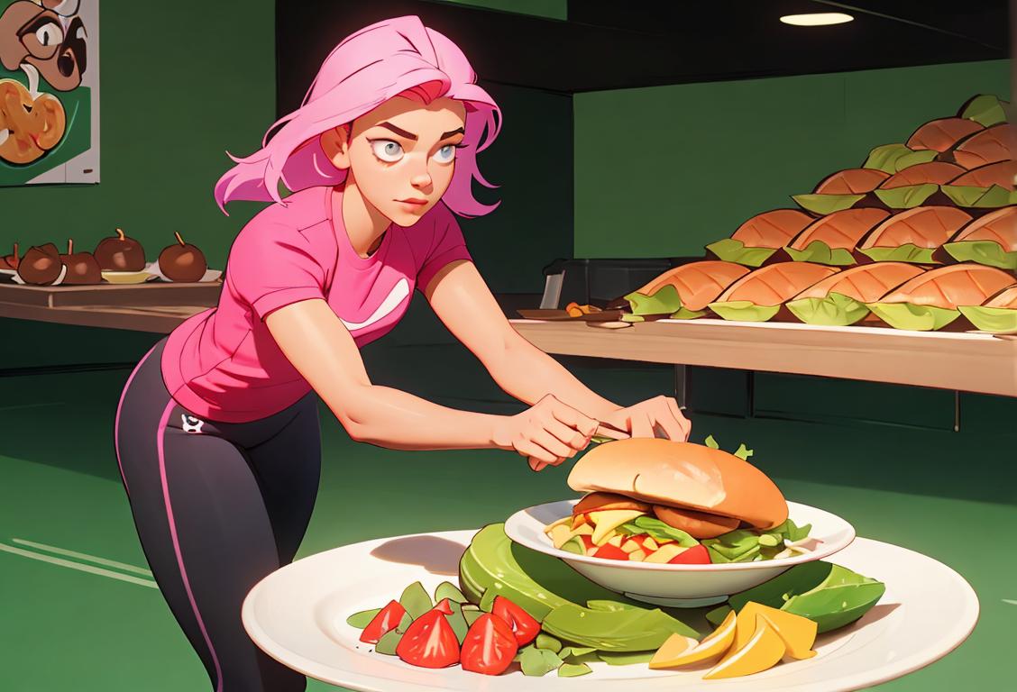 Young woman holding a plate of nutritious foods, wearing athletic clothing, surrounded by a vibrant gym environment..