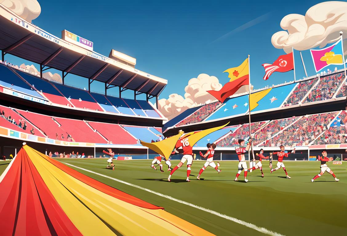 Group of excited sports fans, waving flags, wearing team jerseys, colorful stadium setting, energetic atmosphere..