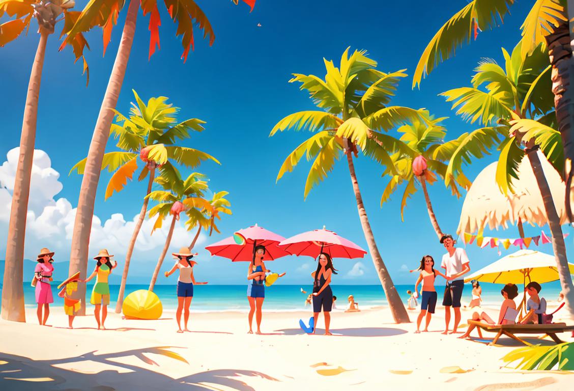 A group of diverse friends laughing and enjoying colorful taffy on a sunny beach, wearing casual summer outfits, surrounded by palm trees..