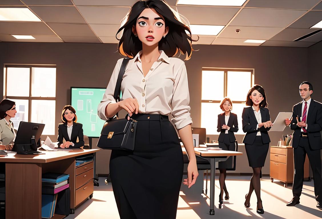 Young girl wearing a professional attire, holding a briefcase, in a lively office setting with diverse coworkers helping her..