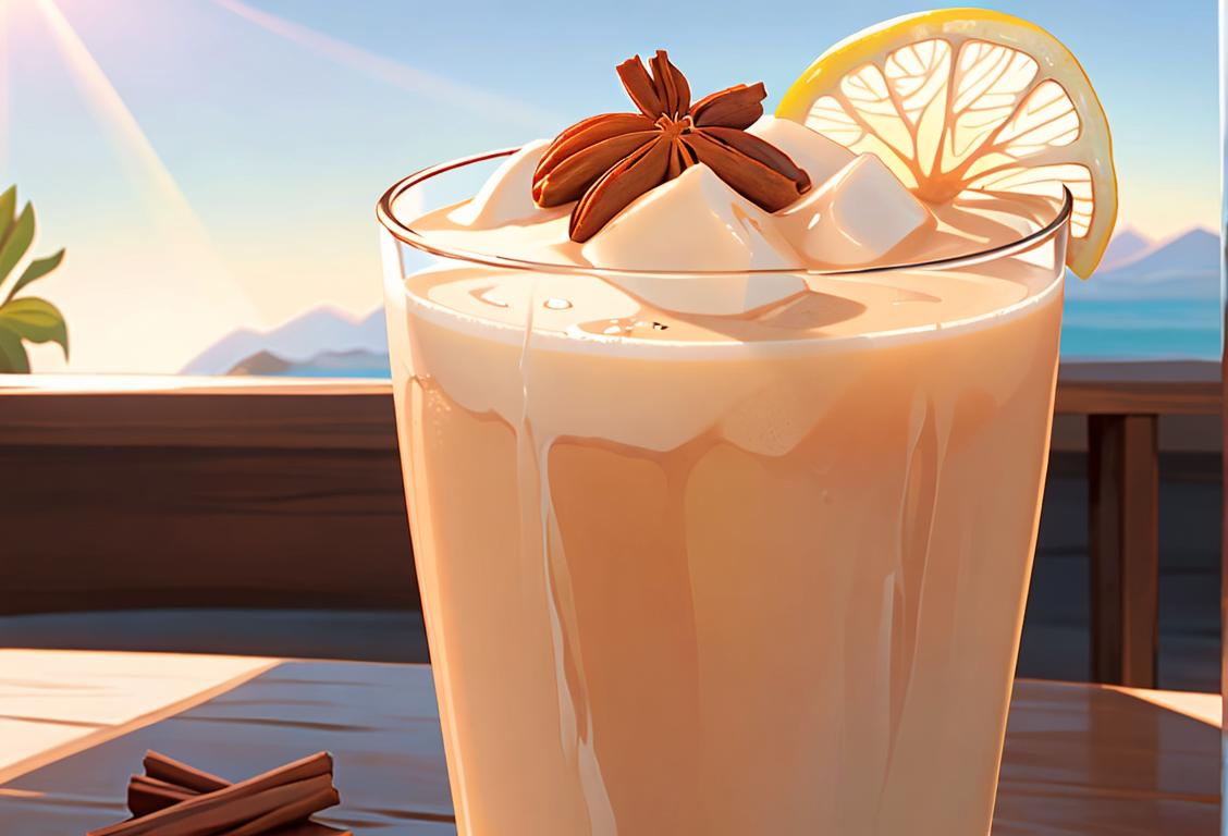Close-up of a glass filled with a refreshing horchata, garnished with cinnamon, set against a sunny backdrop with a hint of Latin American influence..