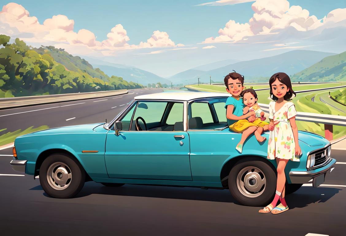 A family in a car, with lush landscapes in the background, wearing summer outfits and enjoying a road trip adventure on National Highways Day!.