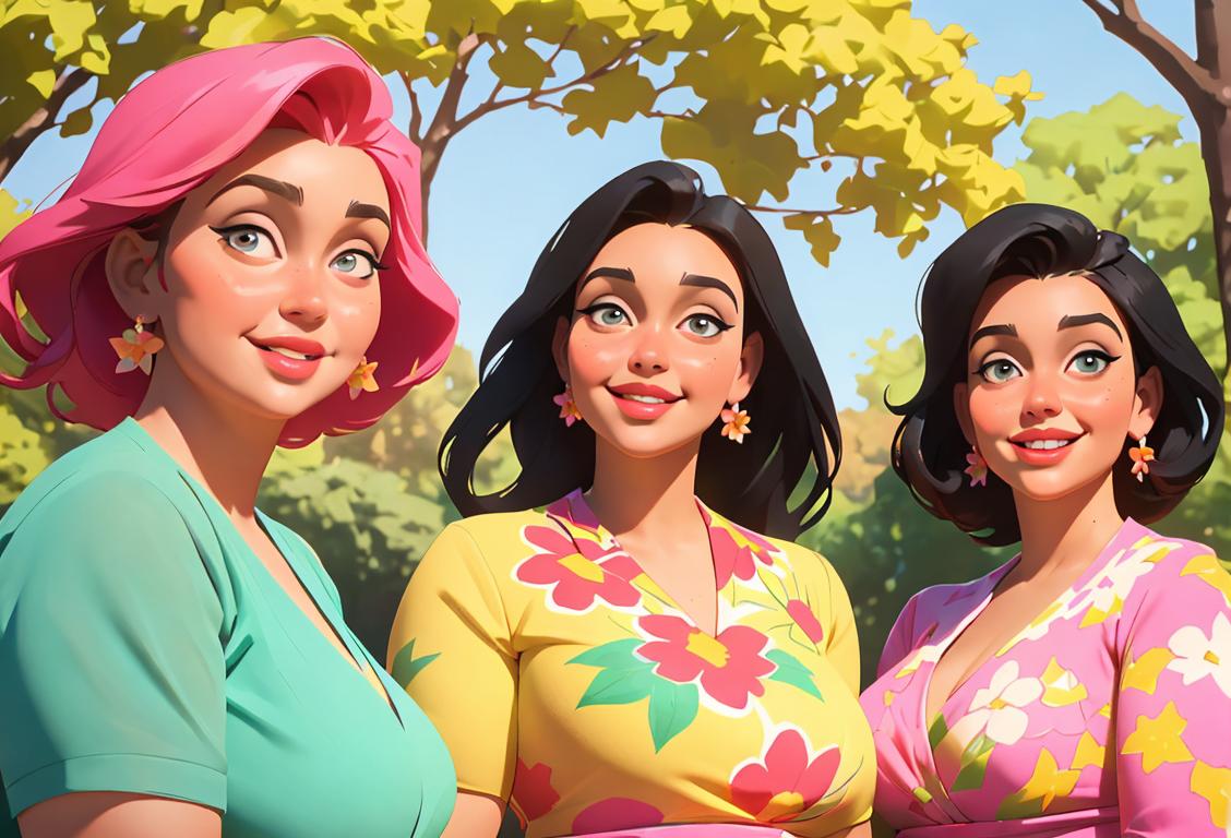 Plus-size woman with a radiant smile, wearing a vibrant floral dress, surrounded by a diverse group of friends in a sunny park setting..