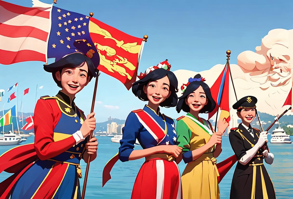 A group of people waving national flags at Victoria Harbor, with colorful attire and festive decorations, capturing the joyful spirit of the celebration..