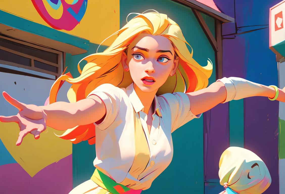 Young woman with open arms, embracing diversity, wearing colorful attire, in a diverse urban setting..