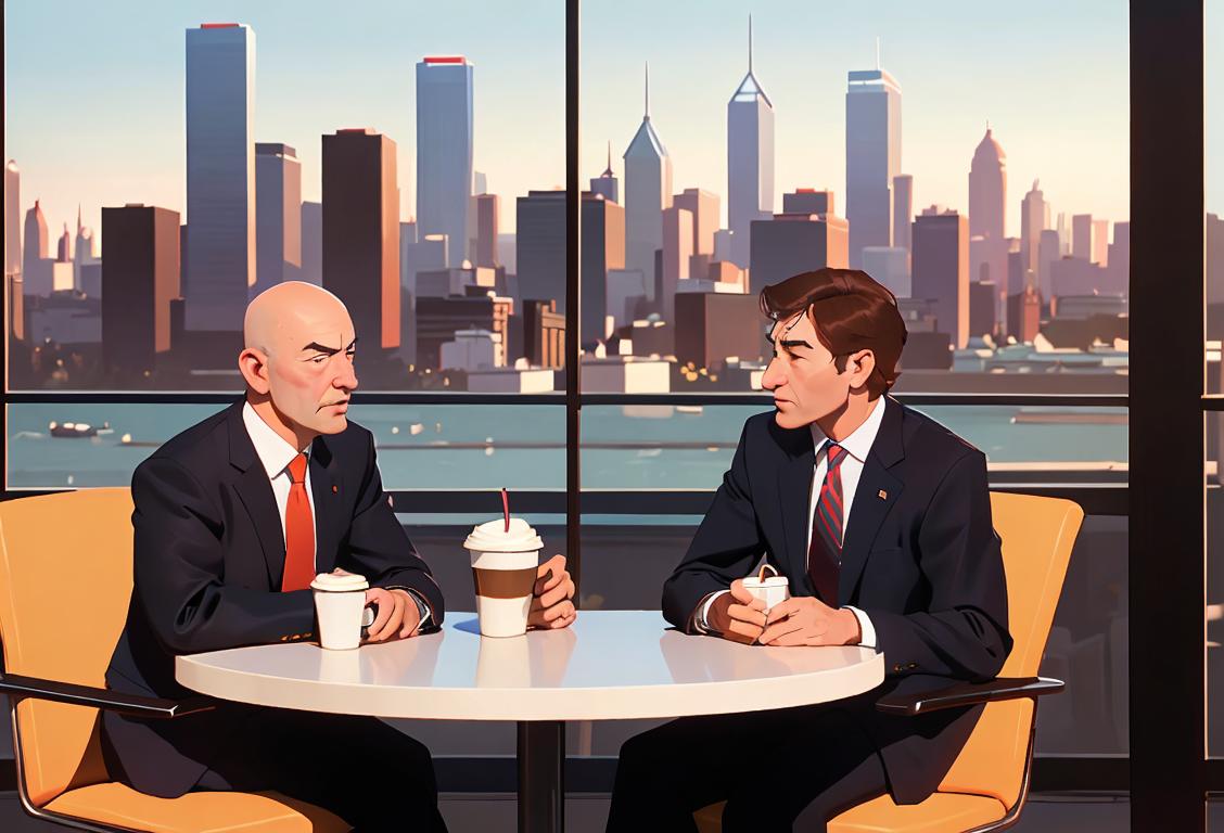 Executives in business suits, discussing ideas, with city skyline in the background, holding coffee cups and wearing power ties..